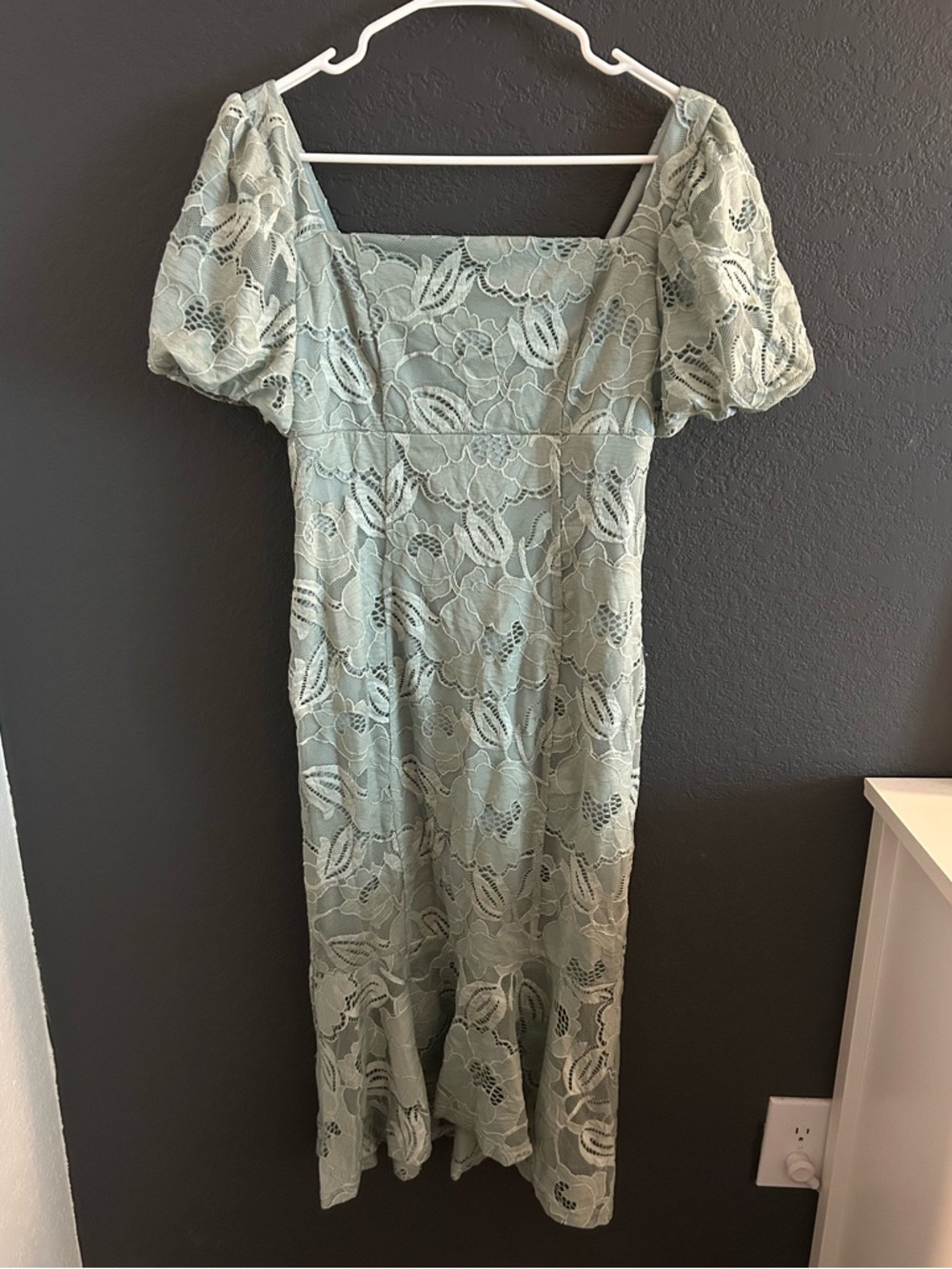 JJs House Sage Green Lace Midi Dress with Puff Sleeves